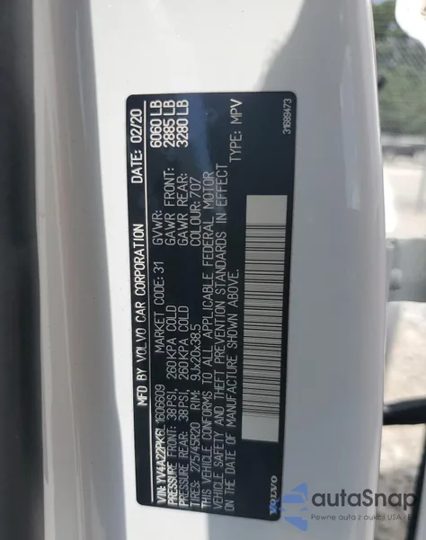 2020 Volvo Xc90 T6 Momentum из США, поврежденный, VIN YV4A22PK6L1606609